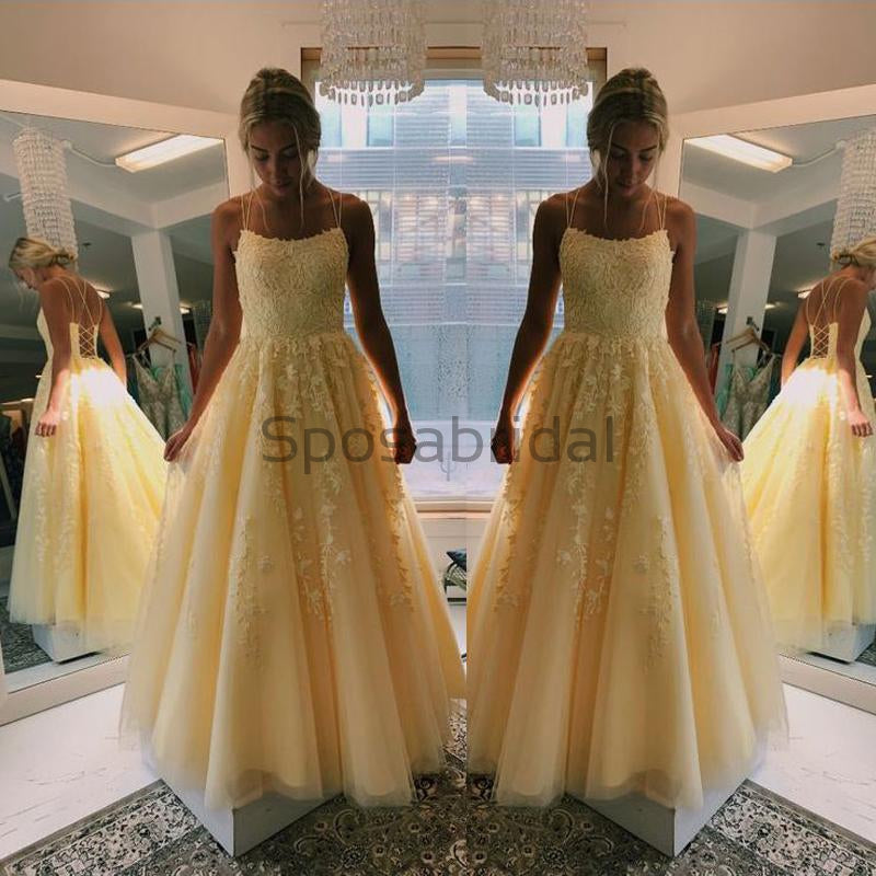A-line Spaghetti Straps Yellow Lace Formal Long Modest New Prom Dresses, PD1742