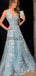 A-line V-Neck Blue Lace Pretty Modest Formal Long Elegant Prom Dresses, Prom Dress PD1815