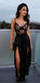 Sexy Spaghetti Strap Black Lace Side-slit long Prom Dresses, PD0423