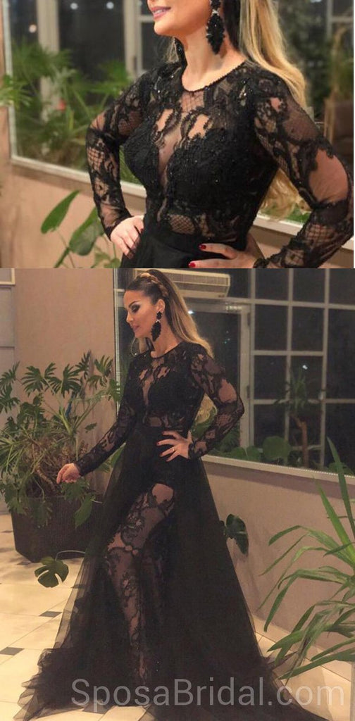 Black Long  Sleeves Lace Tulle Modest Hot Sexy Elegant Long Prom Dresses online, PD1219
