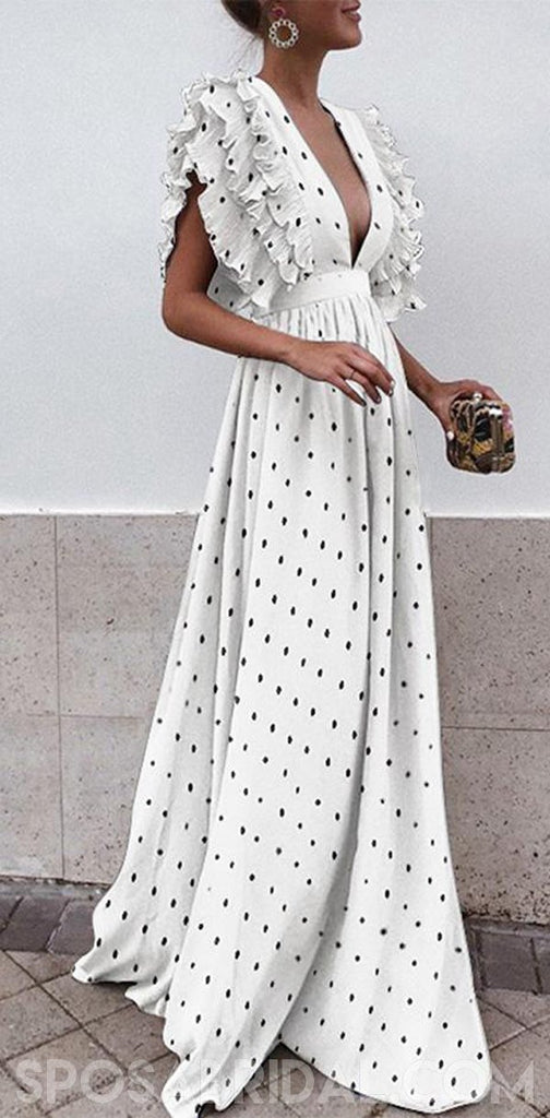 Boho Black Blue Red Sexy V Neck A-line  Unique Design Wave Point Evening Maxi Prom Dresses,PD1099