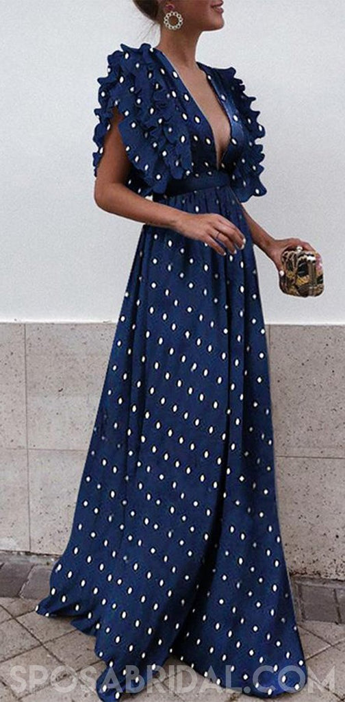 Boho Black Blue Red Sexy V Neck A-line  Unique Design Wave Point Evening Maxi Prom Dresses,PD1099