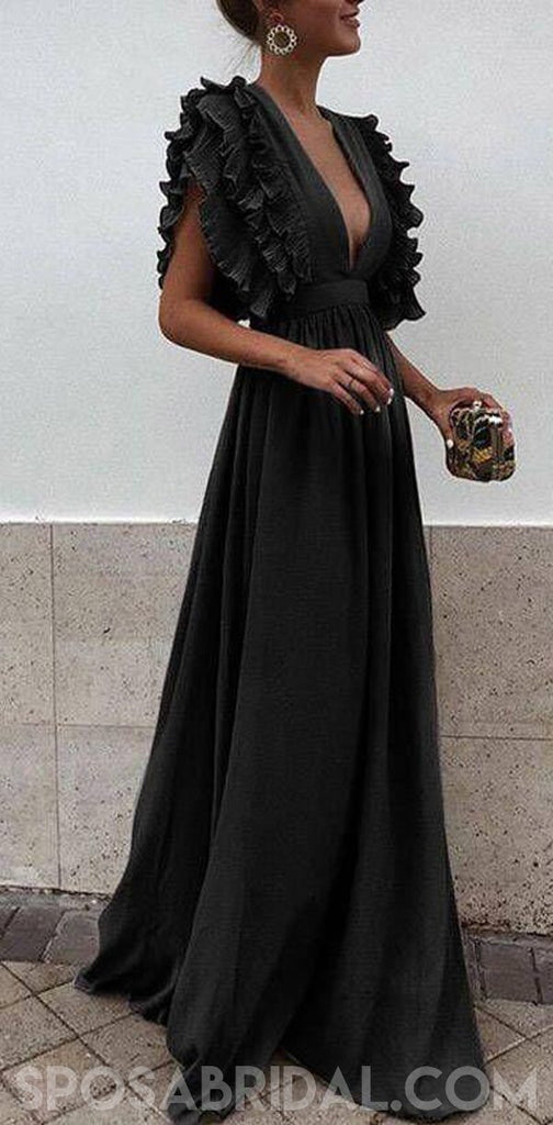 Boho Colorful Chiffon V-neck A-line Cheap Bridesmaid Dress, Long Prom Dress, PD1100