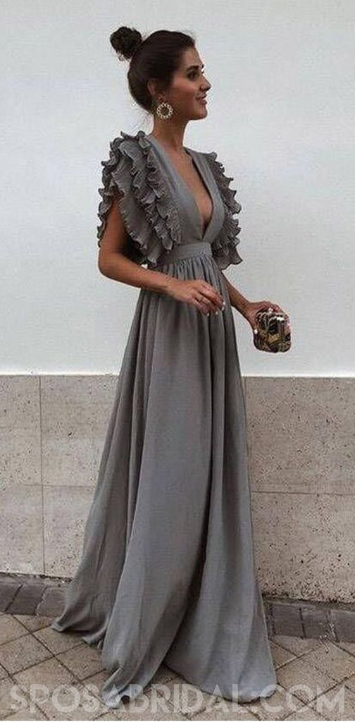 Boho Colorful Chiffon V-neck A-line Cheap Bridesmaid Dress, Long Prom Dress, PD1100
