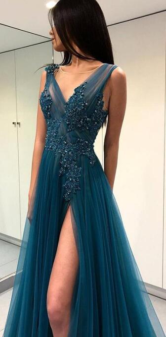 Charming A-line V-Neck Tulle Elegant Side Split Long Prom Dresses , PD0859 - SposaBridal