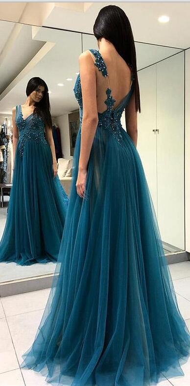 Charming A-line V-Neck Tulle Elegant Side Split Long Prom Dresses , PD0859 - SposaBridal