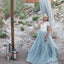 Charming Top Ivory and Blue Lace Short Sleeves A-line Prom Dress, PD0452