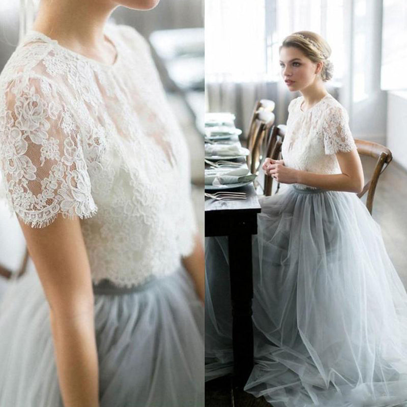 Dusty Blue Cheap Lace and Tulle Two Pieces A-line Prom Dresses, Wedding Dresses, PD0465