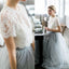 Dusty Blue Cheap Lace and Tulle Two Pieces A-line Prom Dresses, Wedding Dresses, PD0465