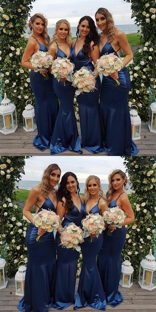 Cheap Modest  Unique Custom Soft Sexy Spaghetti Straps Long Dark Blue Bridesmaid Dresses , WG267 - SposaBridal