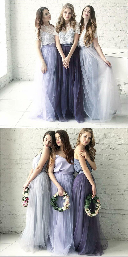 Cheap Two Piece Round Neck Long Light Blue Grey Silver Purple Lilac Tulle With Top Lace  Bridesmaid Dresses, WG270