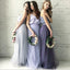 Cheap Two Piece Round Neck Long Light Blue Grey Silver Purple Lilac Tulle With Top Lace  Bridesmaid Dresses, WG270