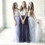 Cheap Two Piece Round Neck Long Light Blue Grey Silver Purple Lilac Tulle With Top Lace  Bridesmaid Dresses, WG270
