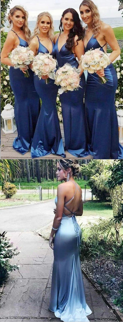 Cheap Modest  Unique Custom Soft Sexy Spaghetti Straps Long Dark Blue Bridesmaid Dresses , WG267 - SposaBridal