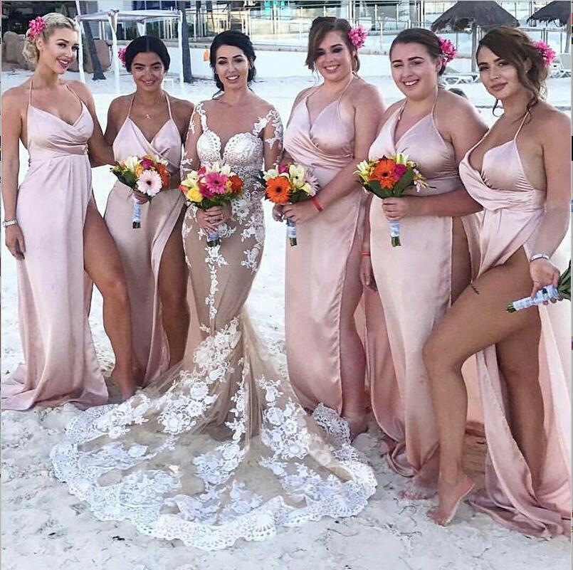 Cheap Modest Sexy Blush Side Split Spaghetti Straps Simple Bridesmaid Dresses, WG271 - SposaBridal