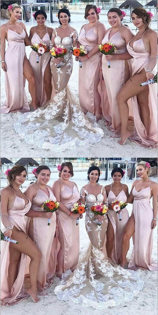 Cheap Modest Sexy Blush Side Split Spaghetti Straps Simple Bridesmaid Dresses, WG271 - SposaBridal