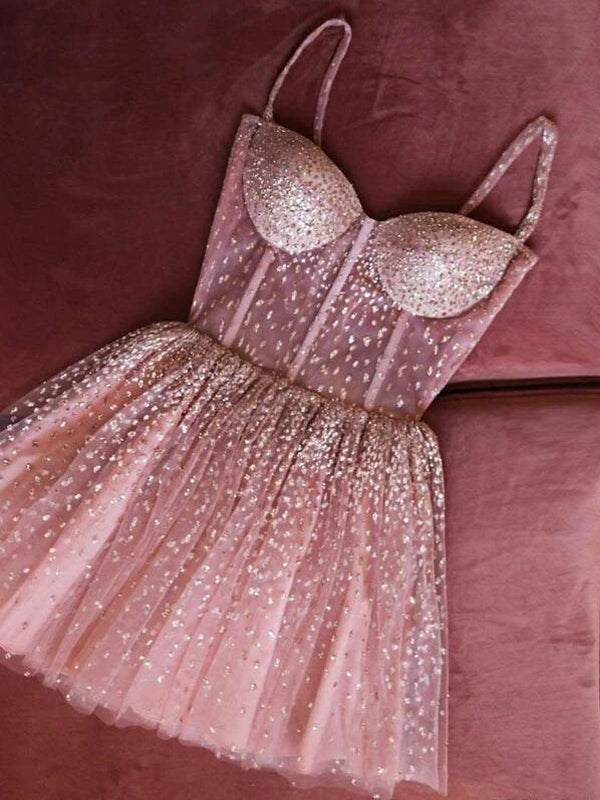 Cute Sparkly Gold Pink Beaded Sweetheart A-line Homecoming Dresses, BD0412