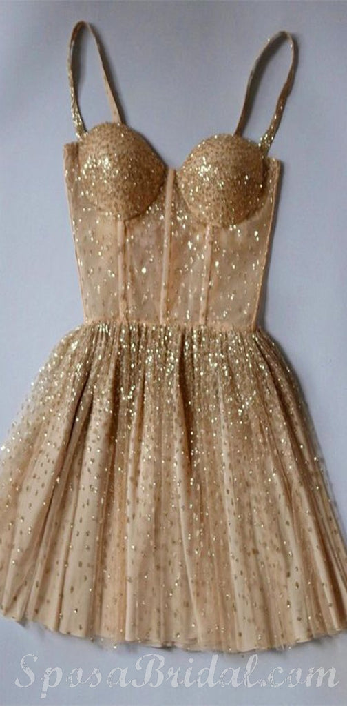 Cute Sparkly Gold Pink Beaded Sweetheart A-line Homecoming Dresses, BD0412