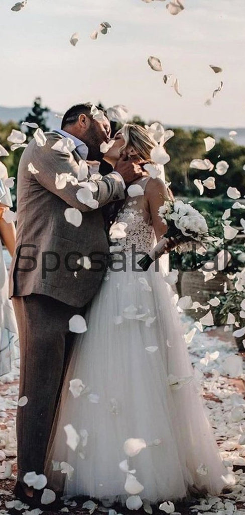 Elegant A-Line V Neck Tulle Long Beach Wedding Dresses With Appliques WD0541
