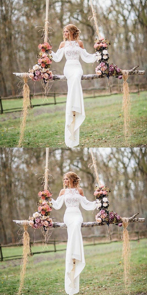 Elegant Chiffon Bubble Sleeves Off-shoulder Lace Long Mermaid Wedding Dress, WD0167