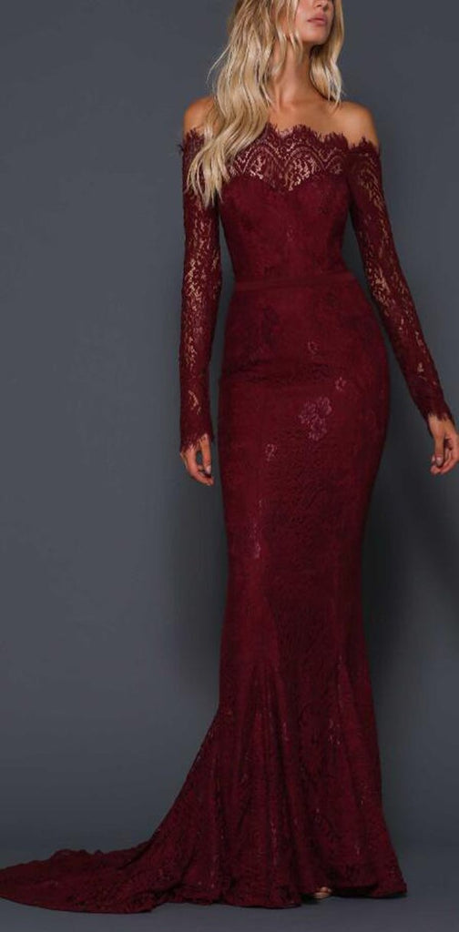 Elegant Mermaid Off-the-Shoulder Burgundy Lace Long Sleeves Prom Party Dresses, PD0867