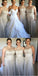 Elegant Modest Unique Design Round Neck Long Grey Tulle and Lace Bridesmaid Dresses for wedding guest , WG274