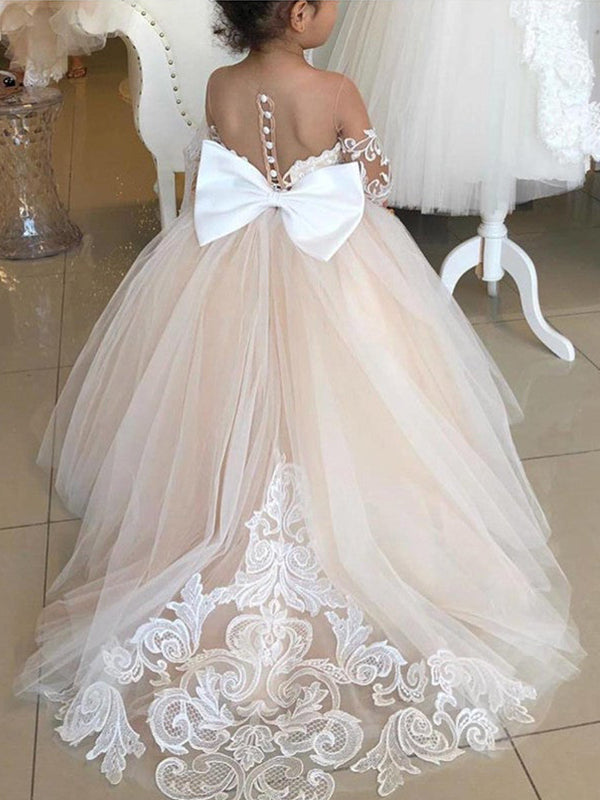 Long Sleeves Lace Little Wedding Guest Tulle Unique A-line Flower Girl Dresses, FG1450