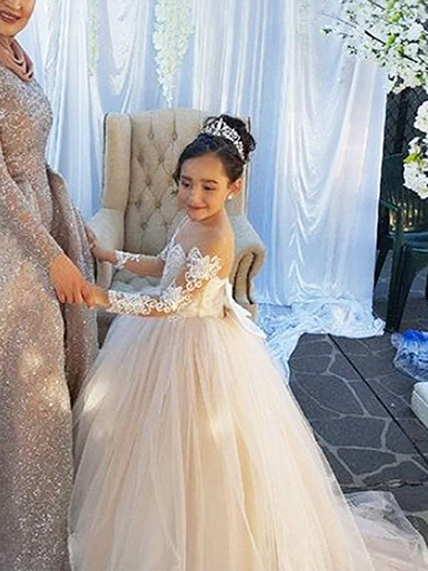 Long Sleeves Lace Little Wedding Guest Tulle Unique A-line Flower Girl Dresses, FG1450