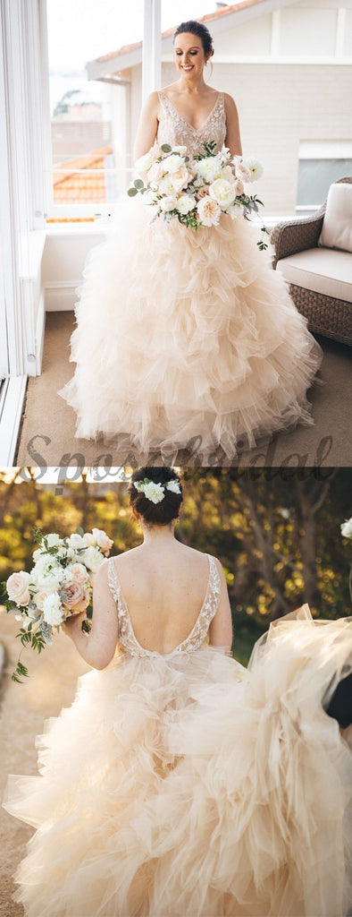 Gorgeous Lace V-neck Ruffles Tulle Ball Gown Wedding Dresses WD0362