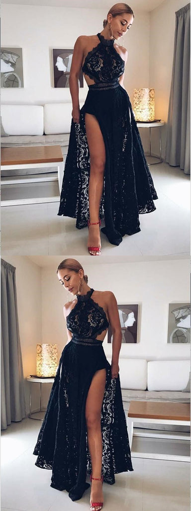 Long Halt Lace Black Sexy Modest Cheap Prom Dresses, Discount Evening Dresses, PD0726