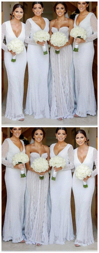 Modest Long Sleeves Sheath V-Neck Long Fulle White Lace Bridesmaid Dresses  ,  WG386