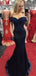 Off Shoulder Navy Blue Mermaid Lace Custom Formal Prom Dresses , Prom Dress PD1895
