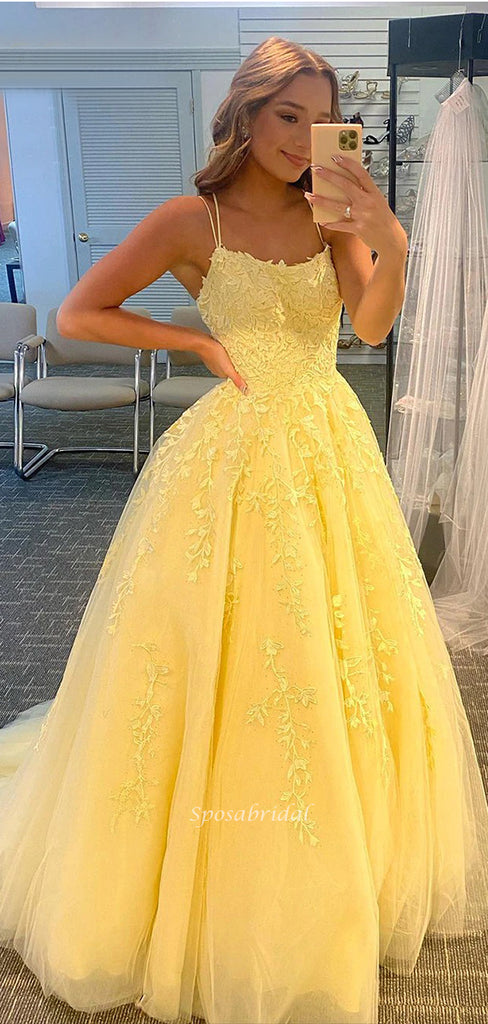 A-line Spaghetti Straps Yellow Lace Formal Long Modest New Prom Dresses, PD1742