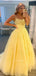 A-line Spaghetti Straps Yellow Lace Formal Long Modest New Prom Dresses, PD1742