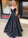 Simple Sexy Black Spaghetti-straps V-neck Beads A-line Long Peom Dress, PD3258