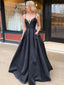 Simple Sexy Black Spaghetti-straps V-neck Beads A-line Long Peom Dress, PD3258