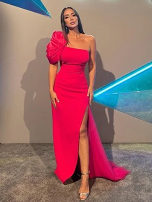 Fuchsia One-shoulder Sexy Ruffle Sleeve Side-slit Mermaid Long Prom Dress, PD3499