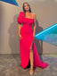 Fuchsia One-shoulder Sexy Ruffle Sleeve Side-slit Mermaid Long Prom Dress, PD3499