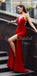 Red Spaghetti Straps Sideslit Mermaid Modest Long Prom Dresses PD1415