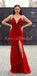 Red Spaghetti Straps Sideslit Mermaid Modest Long Prom Dresses PD1415