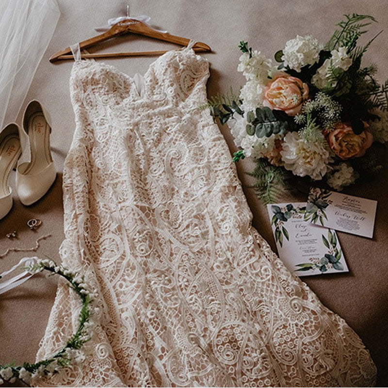 Sexy Boho Rustic Cocktail Lace Modest Long Wedding Dress, WD0583