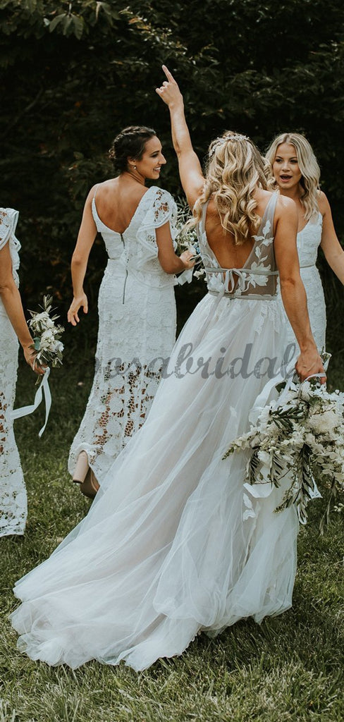 See Through Lace Ivory Tulle V-neck V-back Beach Wedding Dresses WD367