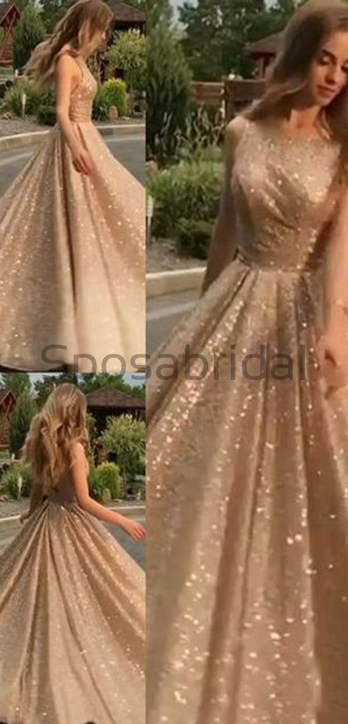 Sequin Sparkly Shining A-line Sleeveless Pincess Modest Long Prom Dresses PD1596