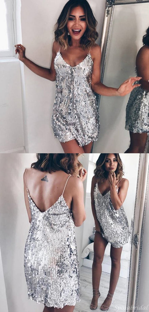 Sexy Sparkly Spaghetti Strap Silver Open Back Mermaid Short Homecomg Dress, BD0410