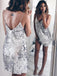 Sexy Sparkly Spaghetti Strap Silver Open Back Mermaid Short Homecomg Dress, BD0410