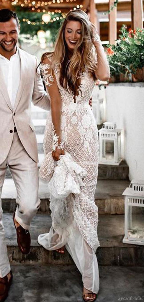Sexy Unique Open Back Beaded Mermaid Lace Beach Vintage Wedding Dresses, WD0529