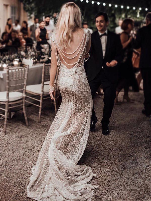 Sexy Unique Open Back Beaded Mermaid Lace Beach Vintage Wedding Dresses, WD0529
