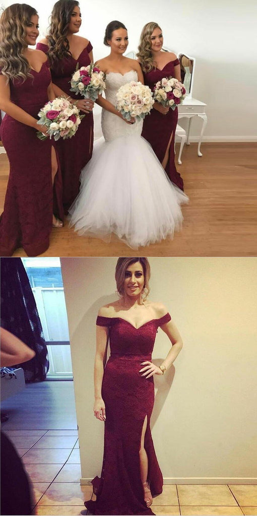 Off Shoulder Burgundy Full Lace Sexy Long Mermaid Modest Unique Sexy Bridesmaid Dresses with Split, WG280