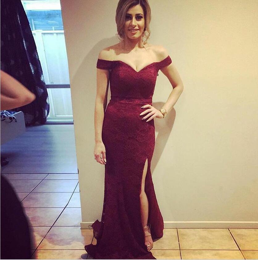 Off Shoulder Burgundy Full Lace Sexy Long Mermaid Modest Unique Sexy Bridesmaid Dresses with Split, WG280