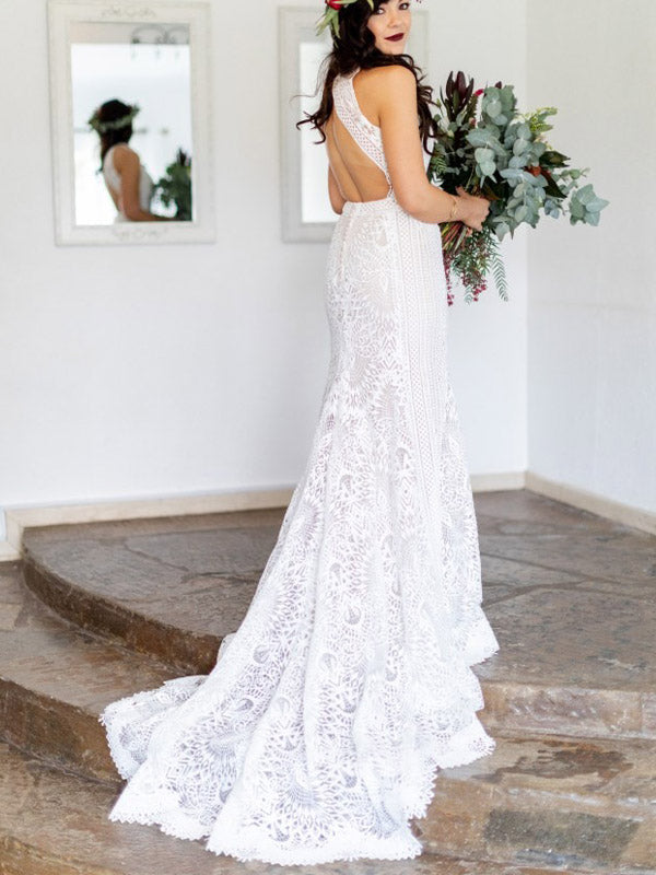 Unique Boho Lace Backless Mermaid Long Wedding Dresses, WD0589